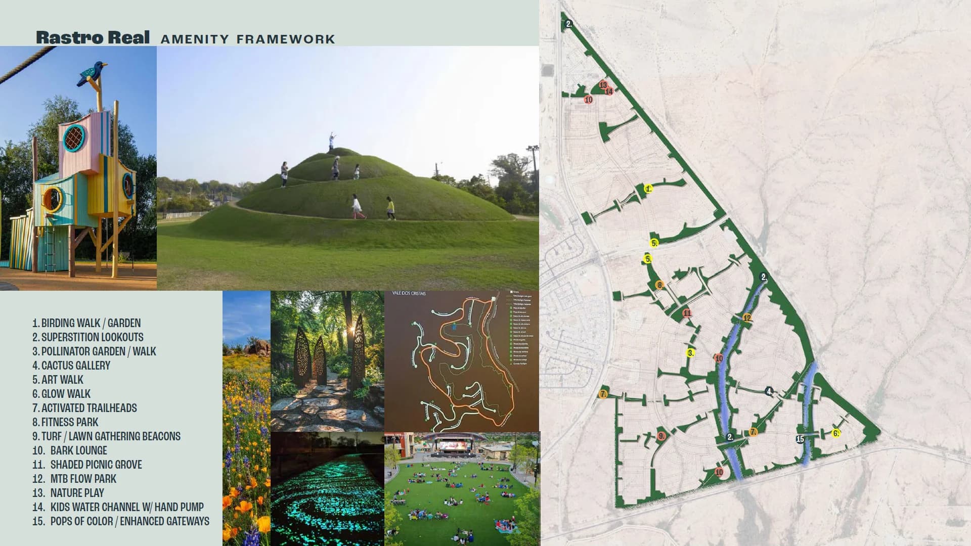 The Rastro Real amenity framework: 15 named places, among them a birding walk, a glow walk and a bark lounge, with example photos and a map showing where each one sits along the trails