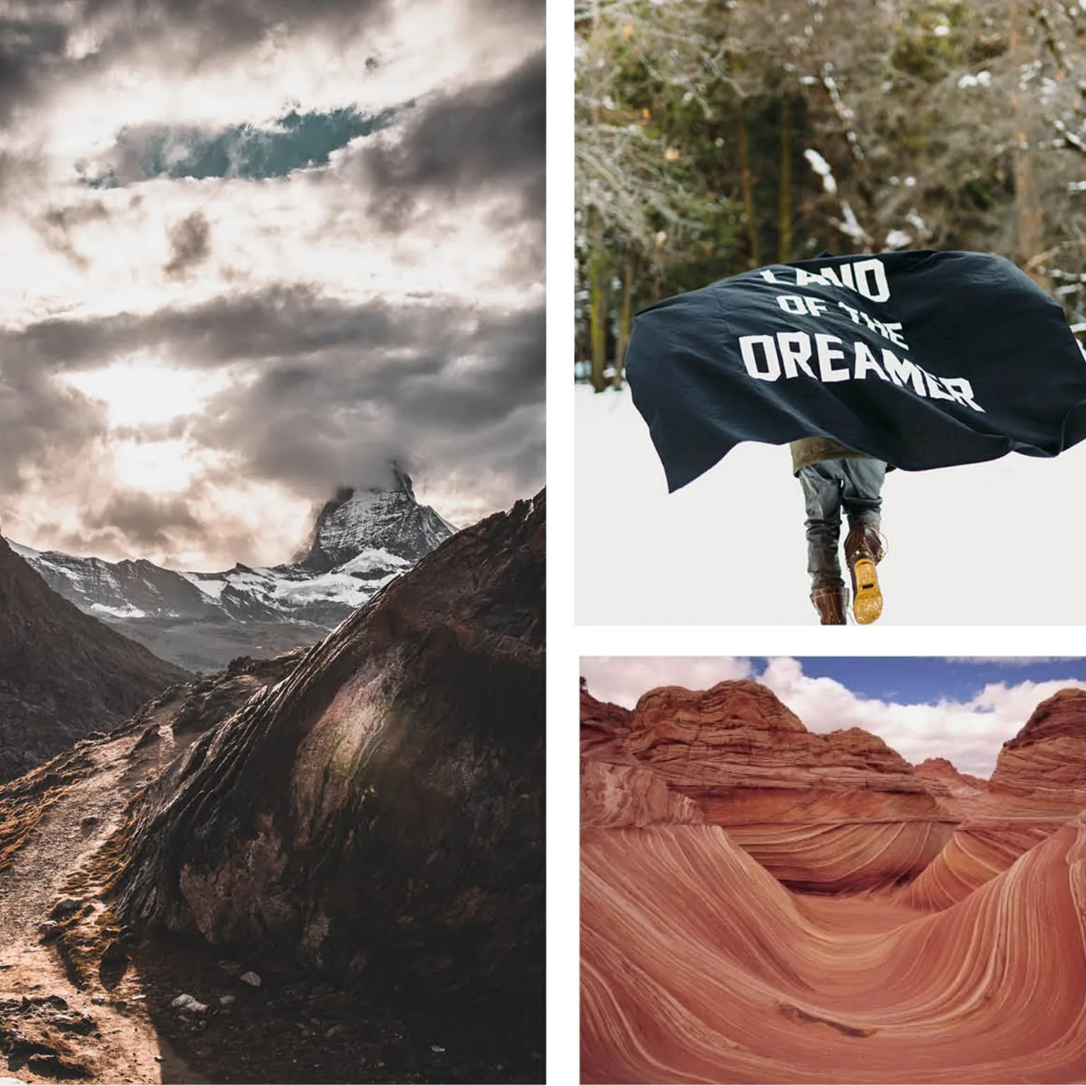 A trail climbing toward a snowy peak under storm clouds, beside a walker in the snow carrying a black flag that reads "Land of the Dreamer," from the Boulder Canyon brand strategy