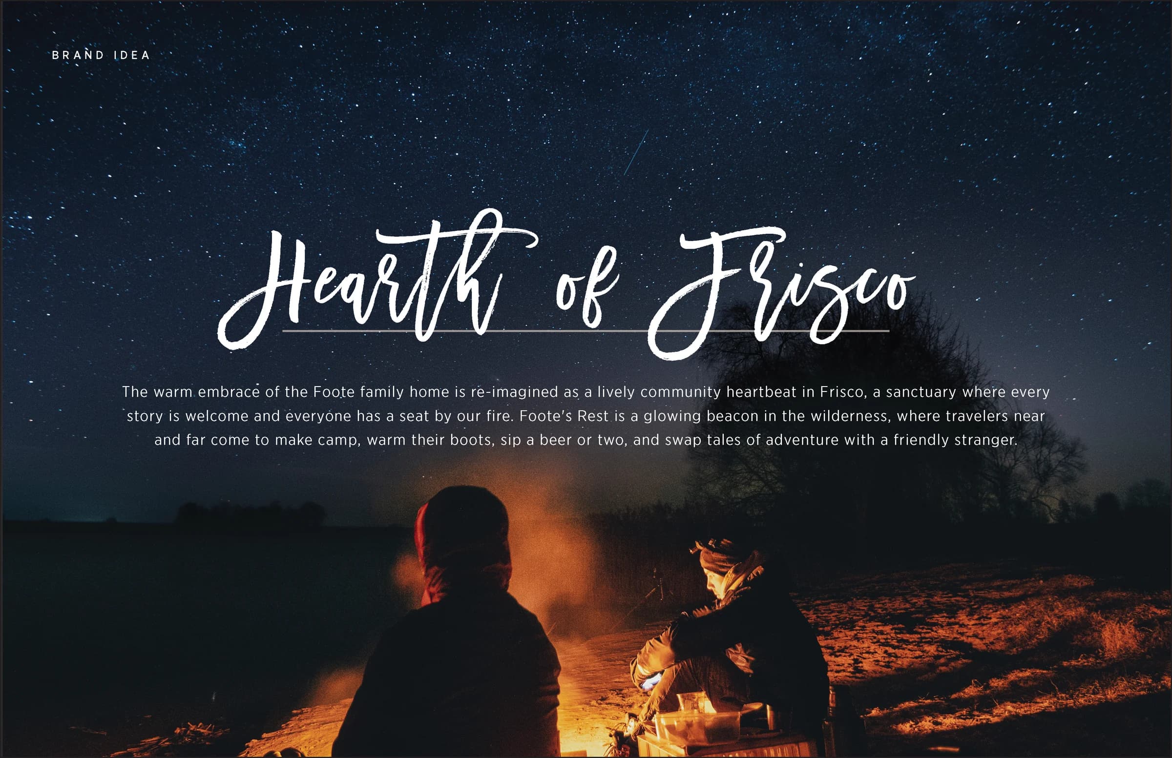 The Hearth of Frisco page from the Foote's Rest brand strategy: the name in script over a night sky, with two people by a campfire