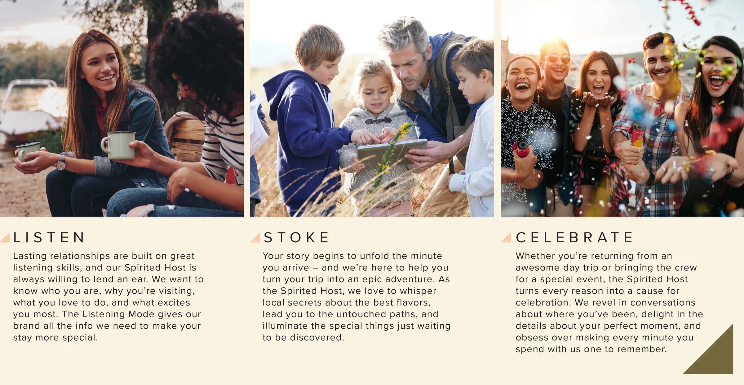 Three photos over the host's three jobs, listen, stoke and celebrate, each with a short paragraph, from the Foote's Rest brand strategy