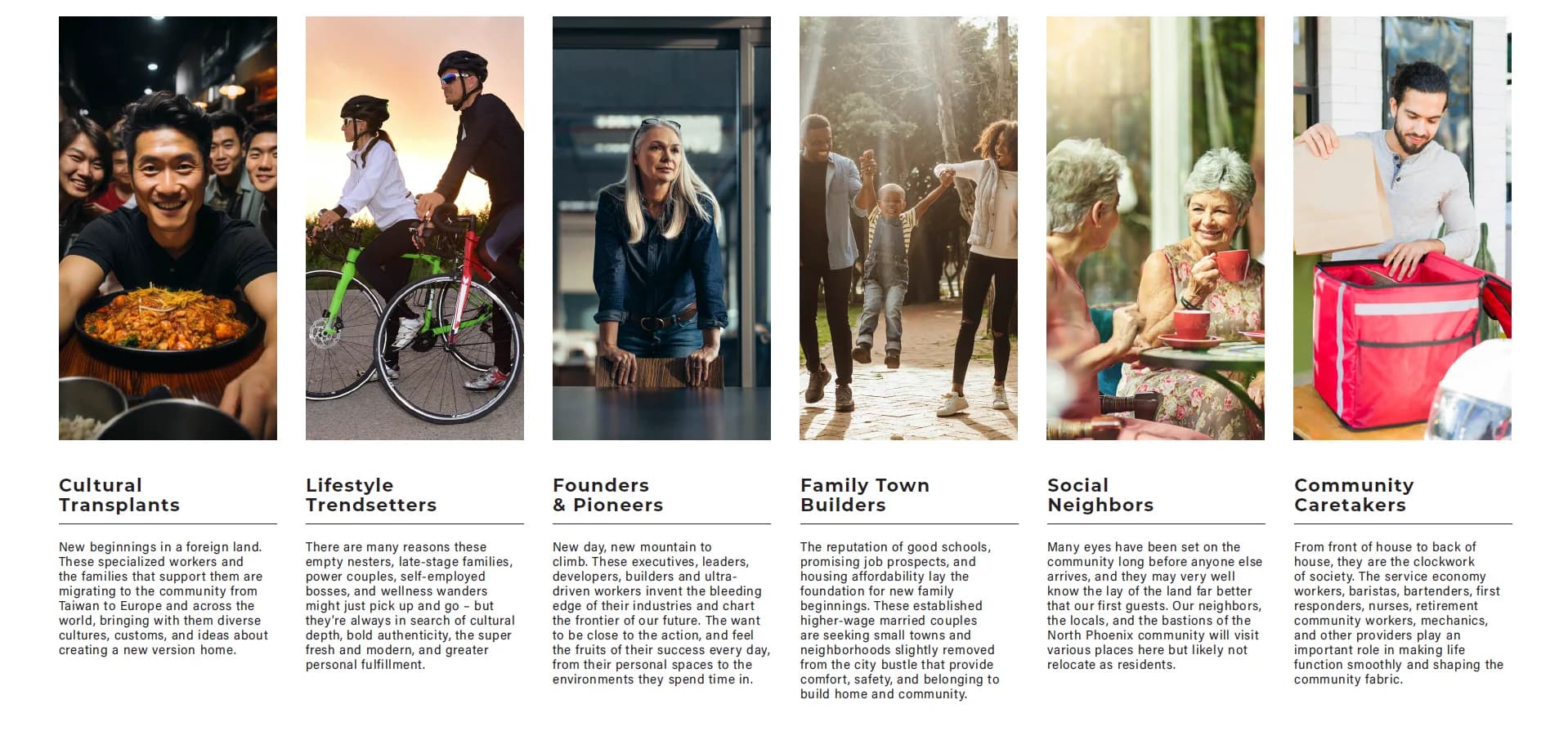 Six kinds of people NorthPark is for, each with a photo and a short description: Cultural Transplants, Lifestyle Trendsetters, Founders & Pioneers, Family Town Builders, Social Neighbors and Community Caretakers