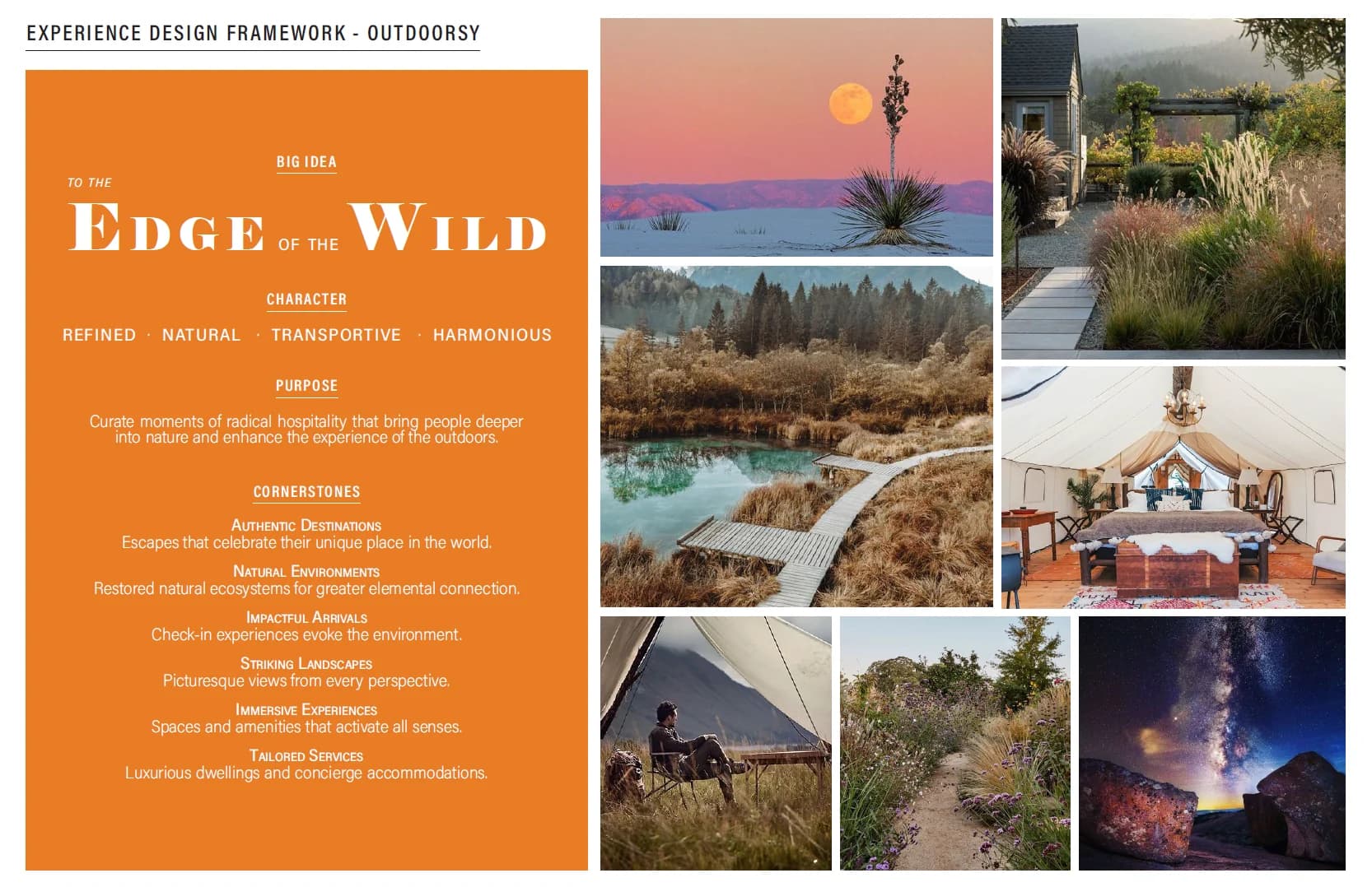 The Edge of the Wild board from the Outdoorsy plan: the big idea, its character, its purpose and six cornerstones on orange, beside photos of a desert moonrise, a boardwalk over a mountain marsh, a furnished safari tent and the Milky Way over boulders