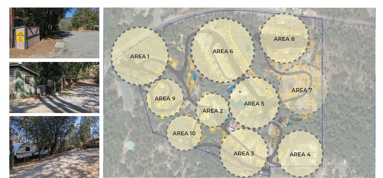 The Bass Lake property from above, split into ten numbered areas, beside three photos of the site