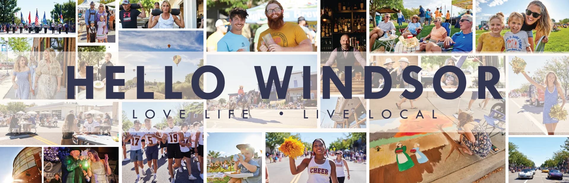 The Hello Windsor spread from the Windsor Downtown Master Plan, with "Hello Windsor, Love Life, Live Local" over a collage of town life: a parade, hot air balloons, friends at a brewery, families on the lawn, a cheerleader and a painted mural