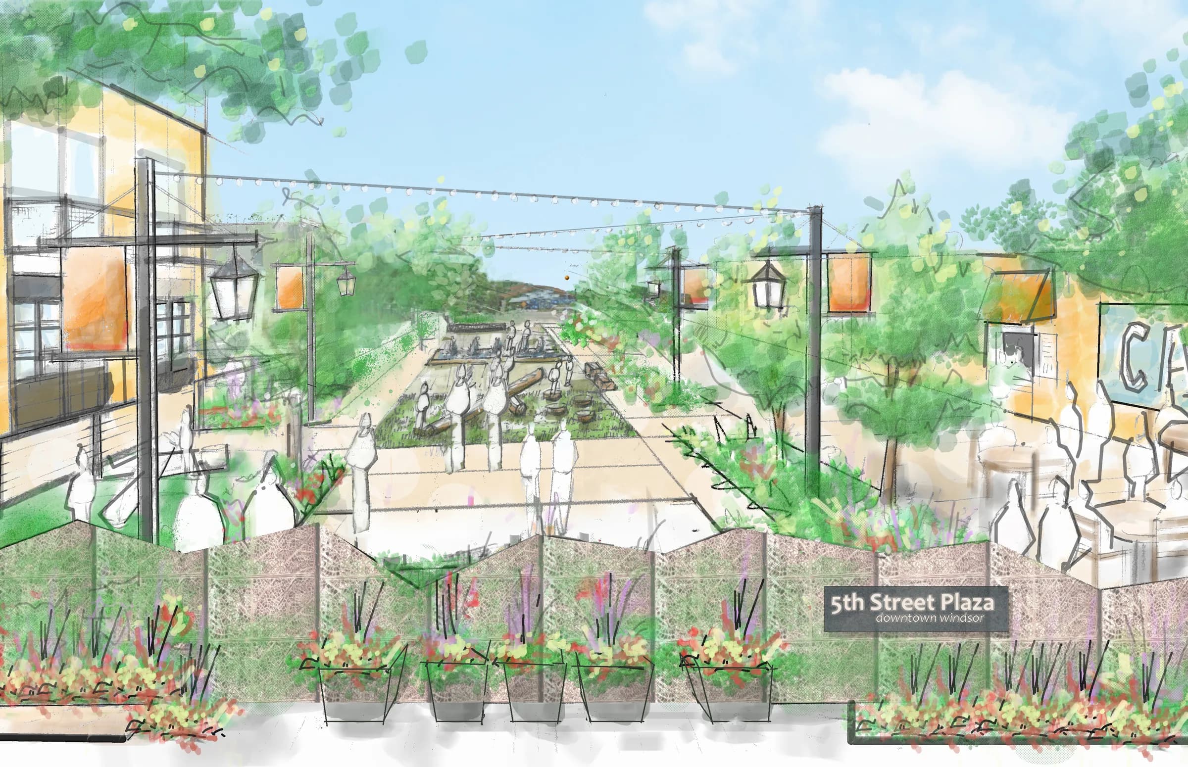 A colored sketch of the 5th Street Plaza in downtown Windsor: a paved plaza under string lights, with trees, a play area of logs down the middle, planters and café seating