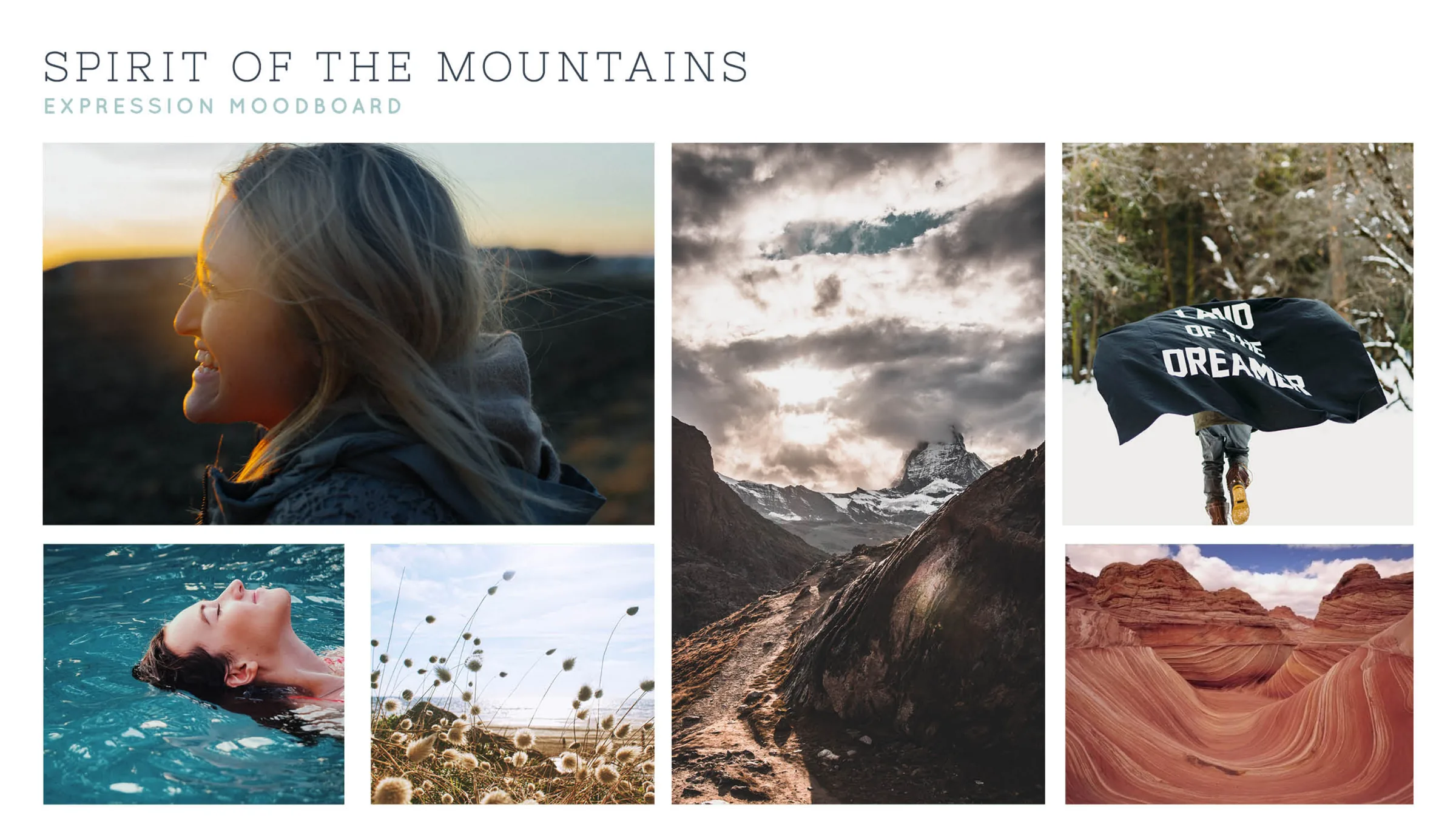 The Spirit of the Mountains moodboard from the Boulder Canyon brand strategy: a woman smiling into the sunset, a swimmer floating in blue water, grass in the wind, a trail climbing toward a snowy peak under storm clouds, a walker in the snow carrying a black flag that reads "Land of the Dreamer," and waves of red sandstone