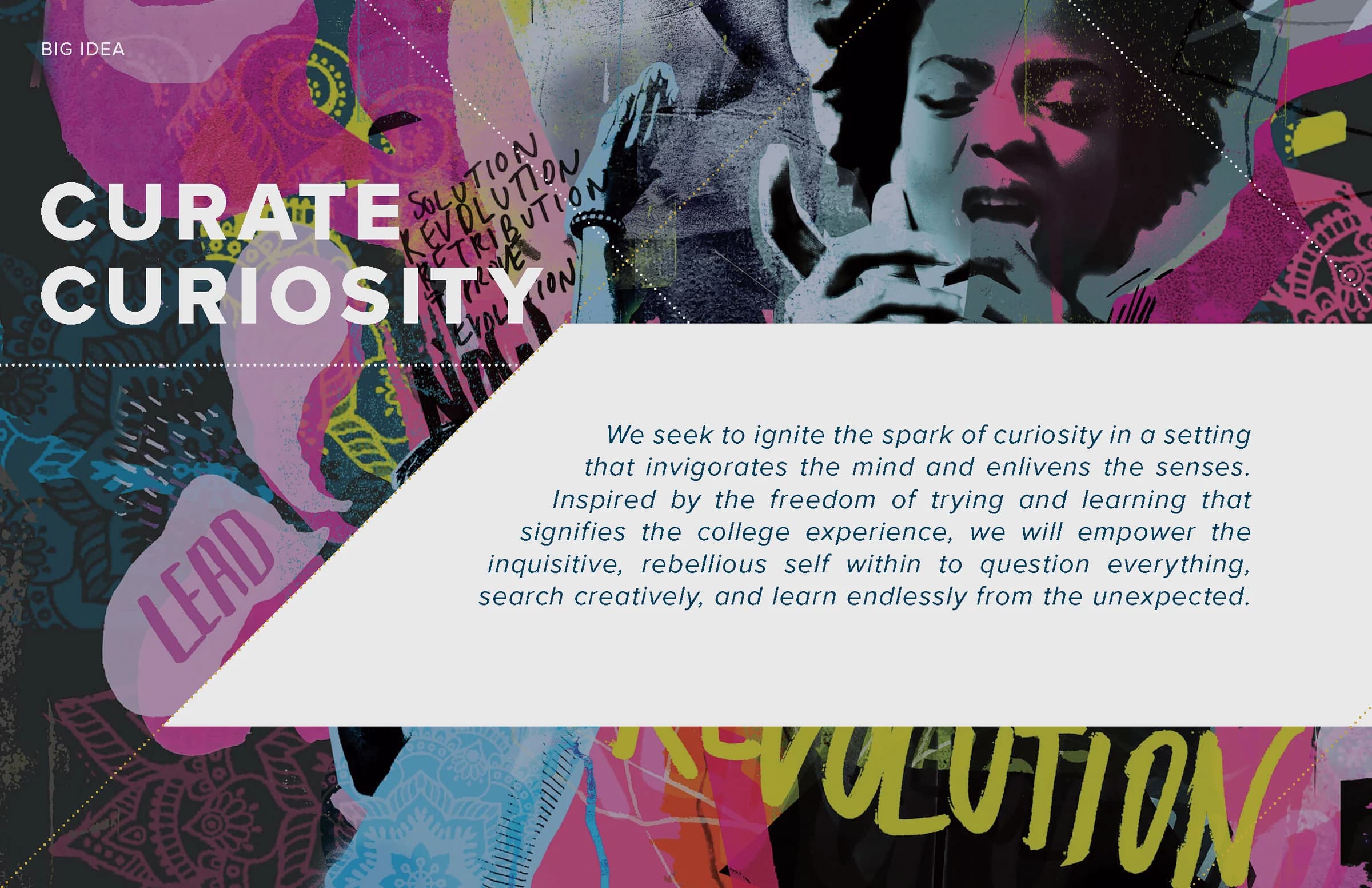 The Curate Curiosity page from the Hotel Celare brand strategy, set over a bright cut-paper collage