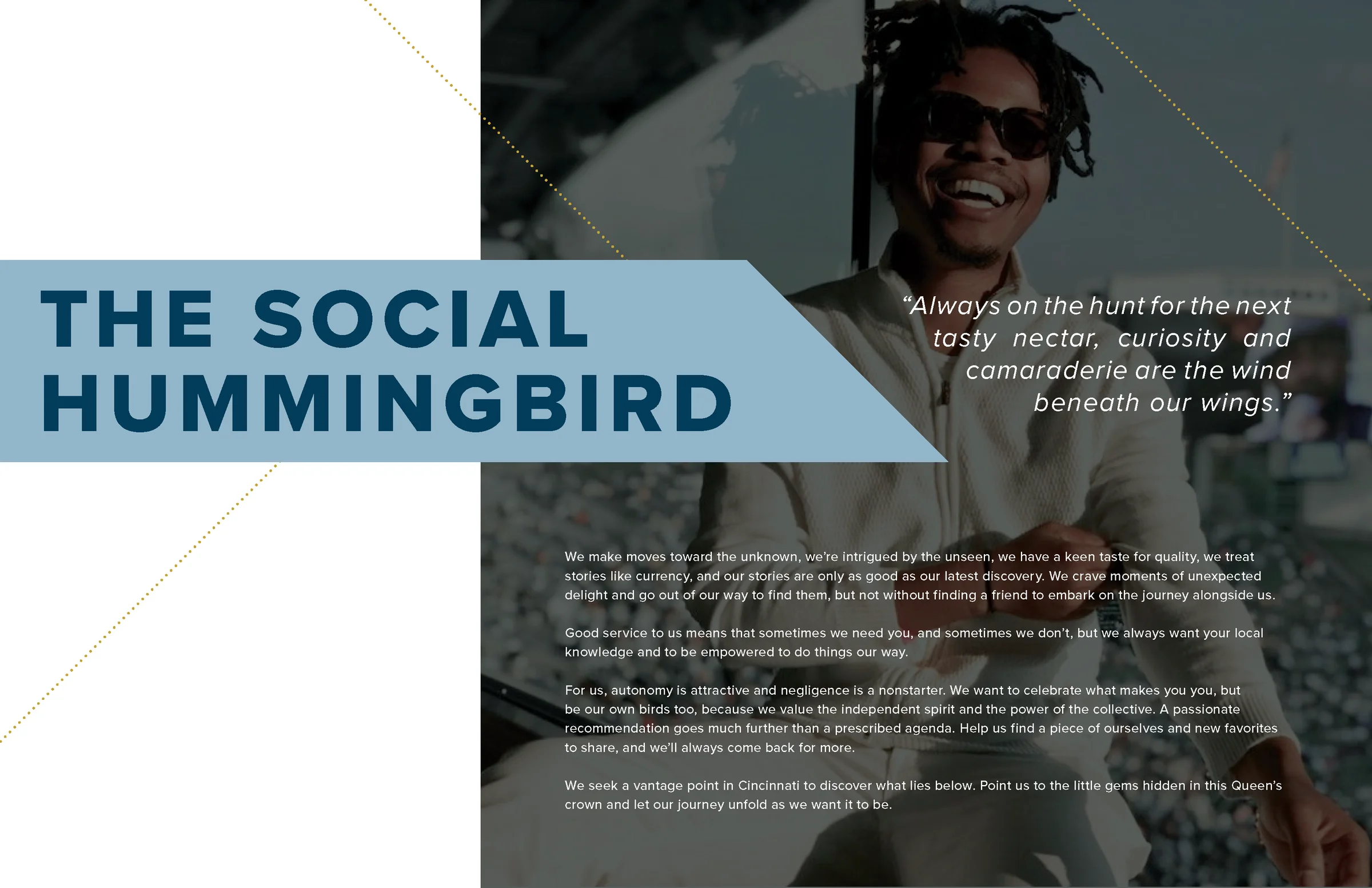 The Social Hummingbird page from the Hotel Celare brand strategy, with a quote and four short paragraphs on how this guest travels